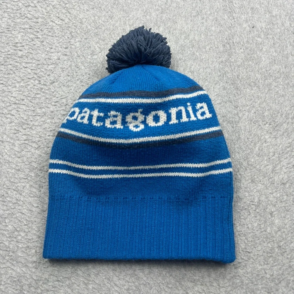 Patagonia Powder Town Beanie Kids OS Blue Striped Pom Pom Logo Knit Hat 66061